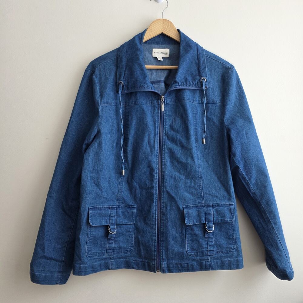 Retro 70s Style Jean Jacket Zip Big Collar‎ Chore Pocket Petite XL Denim Cotton